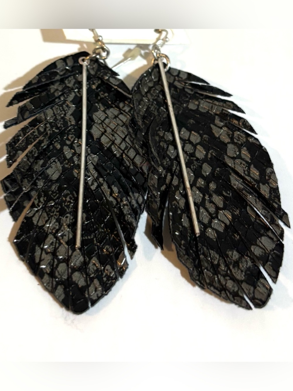 Black Textured Feather leather Drop Earrings